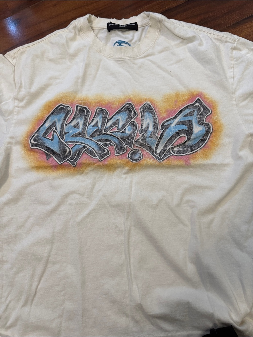 CEEC White Graphic Tee with Blue Graffiti Print
